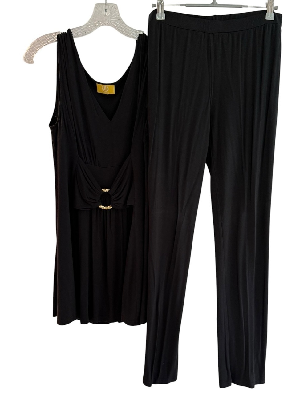 Liz Lange black soft knit pants & matching peplum top gold colored embelised S